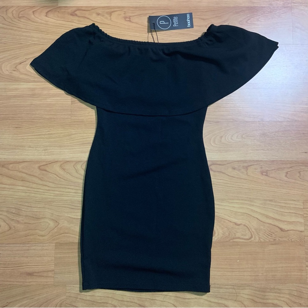 Boohoo Petite Off The Shoulder Mini Black Dress